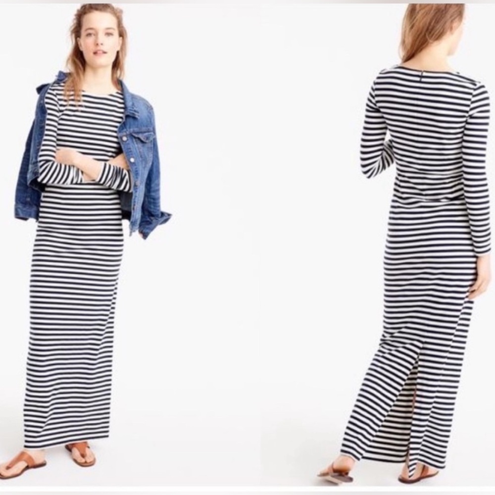 J Crew Maxi Dress Striped Navy White Long Sleeve Knit Cotton. Size 4